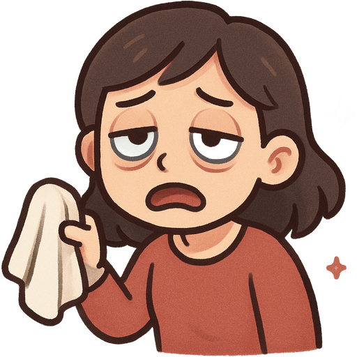 mom cleaning with a small cloth, beige-light skin, dark hair, gray-blue eyes, funny tired emotion, muted red-blue tones, subtle whimsical magic