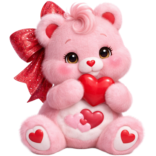Shy Heart Light Pink Care Bear with A Large Red Glittery Bow at the back of the Head with Red Fur inside of the Ears with a Light Pink Cloud and A Dark Pink Heart Hiding Behind it and Two small Hearts on the Light Pink Cloud on the stomach with a Red Heart Nose and a Pink Curled Bang Tuft of Hair Holding a Red Heart and a Red Heart on the Feet