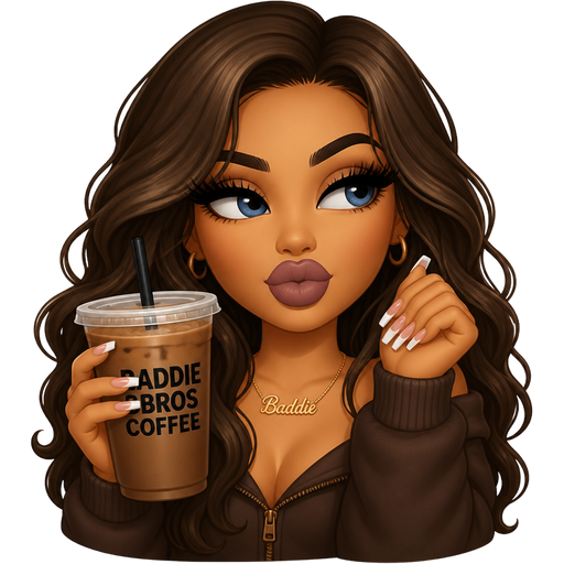 Baddie such bros coffee long brown hair blue eyes laches curly hair French tip nails big lips mauve lipstick