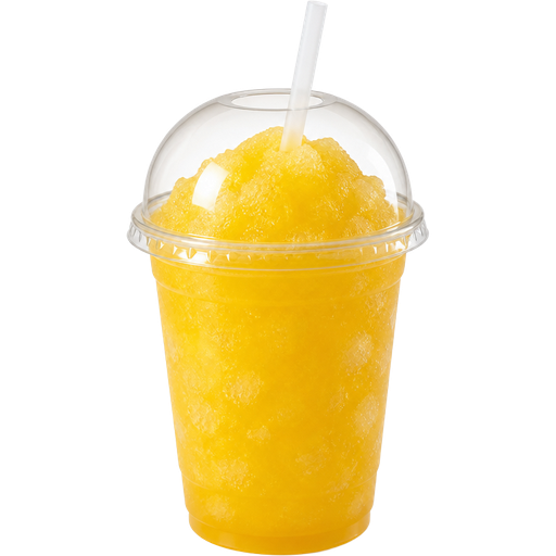 Lemon Iced Tea Shaved Ice Slushie in a Plastic Cup and Plastic Dome Lid with a Straw Mixed in with Extra Syrup