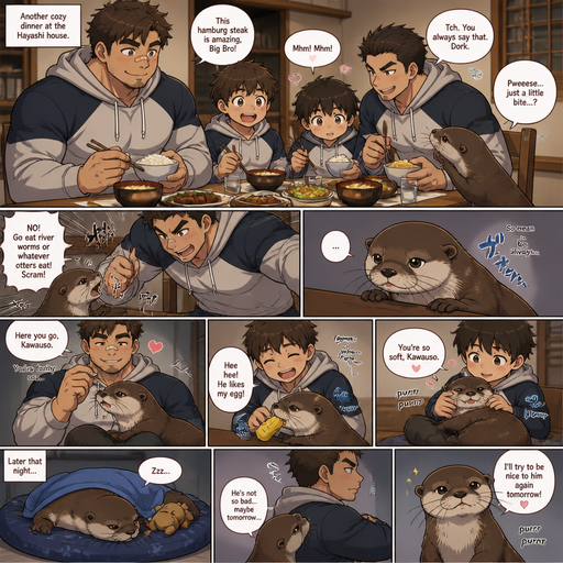 A DETAILED AND LIFELIKE ANIME Comic Book story view of a Bulky but Muscular ANIME Cute Bara Man With Peach toned skin Who looks Normal aind round facial Structure and Basic facial structure With Puffy and Big Pecs that are visible through the shirt and Biceps and Bandaid on his nose and Brown Fluffy and Strait hair. Wearing normal clothes and hoodie that matches his Family members so no one in the family got lost and With his pet Full grown and Healthy and long otter and 2 little brothers. And they at the house all eating dinner together and the otter begs for food. And the bigger brother excessively bullies him. And the otter sits in the laps of the brothers and is fed and then goes to bed and will try to be nice to the big brother again tomorrow.