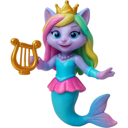 action figure version light purple anthro cat smiling with pink and green and yellow hair blue green eyes golden crown with light purple necklace light cyan braclets cyan and blue dress with pink skirt attached to long cyan mermaid tail with pink tail fins pink and cyan gloves holding a golden harp action figure version