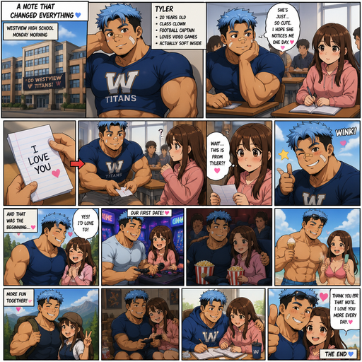 A Full page Anime Comic book story about of a masculine and Bulky ANIME Cute Bara Man American 20 year old with a ROUND and BASIC facial structure not to detailed With bigger than average Pecs that are visible through the shirt and Biceps and Bandaid on his nose and Left Cheek and Right Eye brow. Wearing a little bit Short School Spirit shirt and Logo on it and Shorts and Light blue strait short Hair and Black Roots and Strait with brown eyes. In class passing notes to his girl crush that say I love you and he winks at her when she looks back. And then they started dating and do fun things after that day
