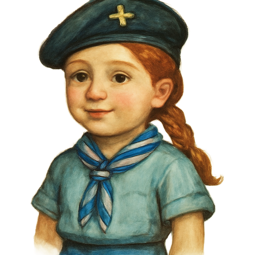 I want her to be a French scout, a girl guide of Europe, wearing a light blue shirt and a neckerchief with a blue border, decorated with blue and white edges. I also want her to have red hair tied back in a ponytail or a braid. On her head, she wears a scout beret, which itself has the scout cross on it. She also wears light blue guide shorts, a Bermuda-style uniform.