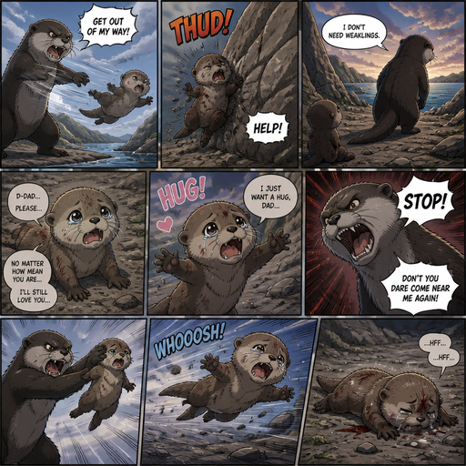A comic book of a baby otter thrown at a rock by a bigger otter, and says help but he doesn’t and walks away. And the otter Weakly talks back to the days and tries to give his dad a hug, and says no matter how mean the dad is he’ll still love him and the dad gets mad and tells stop and the baby otter is picked up and flys on the floor. And up and down