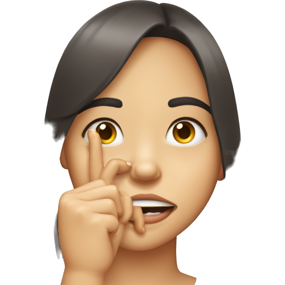 Girl biting her index finger nail while bending it a little, her index finger winks at her eye and her nails are well marked