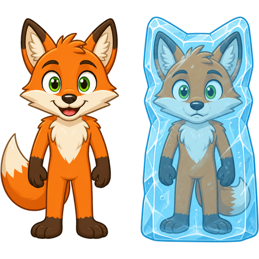 orange anthro fox with green eyes front view next to orange anthro fox with green eyes frozen in ice shaped like a anthro fox front view
