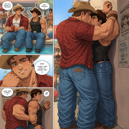A Full Body anime comic book of a Tall Beefy and Bulky but Muscular and ANIME Cute Bara Cowboys in Baggy Clothing Who looks Normal and American with a round facial Structure and Basic facial structure With Puffy and Big Pecs that are visible through the shirt and Biceps and Bandaid on his nose and slim and thin waist. Both Siting at a Pool party with his Crush and pins him to a wall facing his back