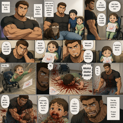 A DETAILED AND LIFELIKE LONG Anime Comic Book story view of a Bulky but Muscular ANIME Cute Bara Man With Peach toned skin Who looks Normal aind round facial Structure and Basic facial structure With Puffy and Big Pecs that are visible through the shirt and Biceps and Bandaid on his nose and Brown short hair that makes them look tough and A Bear on his Chin and Jaw. Wearing normal With his pet Grown and healthy realistic otter and 2 little brothers that are in different ages but young. and the baby‘s Hadicaped and he(the guy) did not like the baby and the baby tries to reason with him by saying he‘s smart and can draw but still on the toddler level and one day the baby flew out of his chair And A lot red comes from his nose and stains his shirt and is all on the ground and it cried and the baby does know know who he is anymore he’s changed