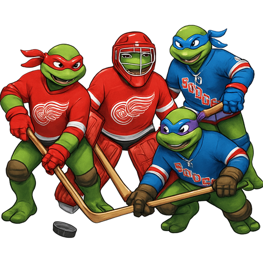 Ninja turtles playing street hockey with Raphael wearing Detroit redwings hockey jersey and Michelangelo as goalie in Detroit redwings and Donatello and Leonardo wearing rangers jersey
