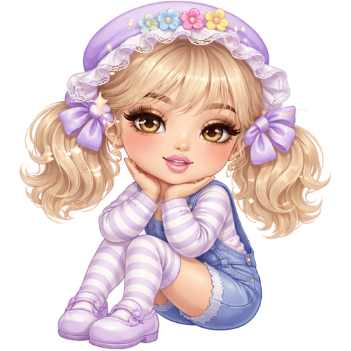 Angel Cake With a Fair-Light Soft Beige Skin Tone With Bow Shaped Lips and Precious Texture Eyelash Combo Set With a Soft Hearted Purple Lipstick Finish and a Brown Eyeshadow Brush Style and an Arched Eyebrow with a Wide Set Eye Shape and a Base-Down Triangle Face Shape Wearing a Pastel Purple Flipped Up Bonnet Style Hat with White Ruffles on the Trimming with Pink, Yellow and Blue Flower Clips on the top of it with Short Blonde Wavy Hair with Grouped together Bangs and A Hairstyle in Which it is Tied up in Two Ponytails and The Bows are Purple Wearing a Long Sleeved White and Purple Striped Shirt With Blue Denim Overalls also Wearing White and Purple Striped Socks with Purple Flats and Luxury Glossy With a Mature Adult Toned Build