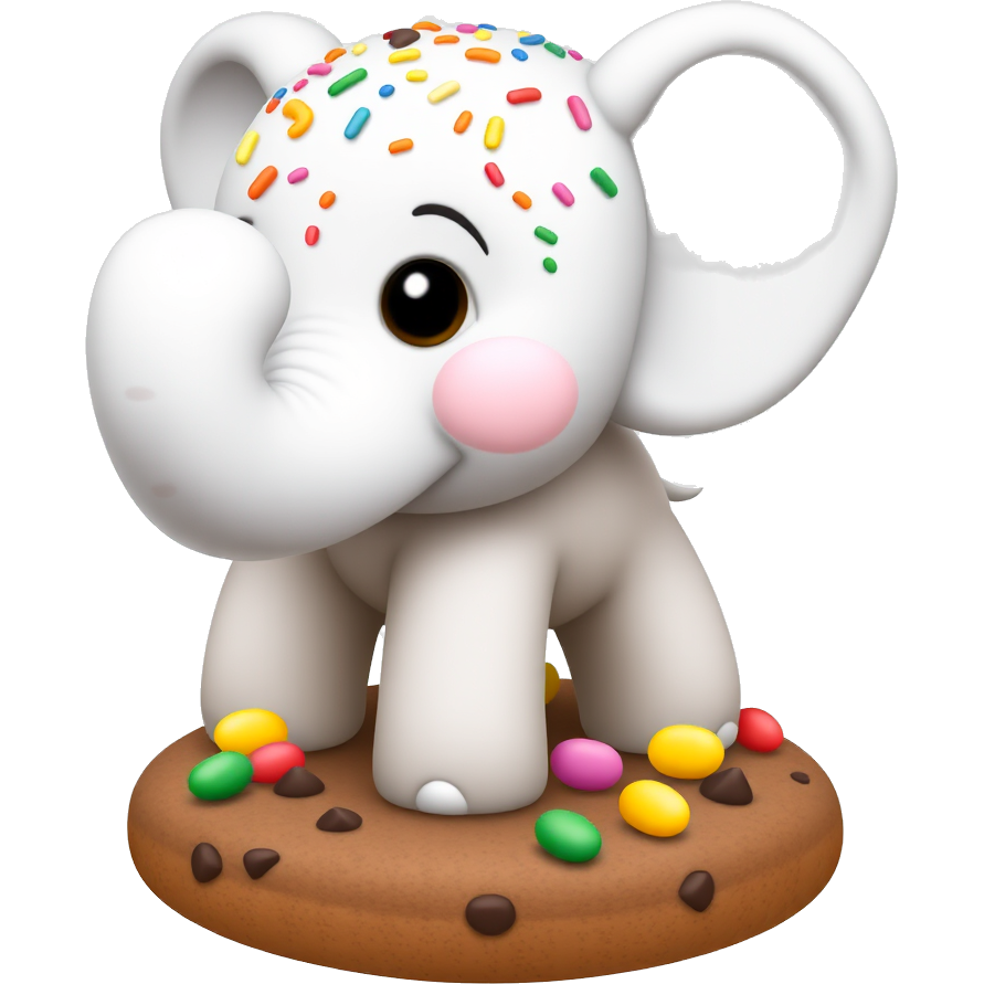 A whimsical donut elephant, adorned with colorful sprinkles, sporting a cream cheese buttercream trunk and icing ears. Its body is made of fluffy pastry, while its legs are crafted from crunchy biscotti, and it stands proudly on a chocolate chip cookie base, surrounded by jellybean friends!