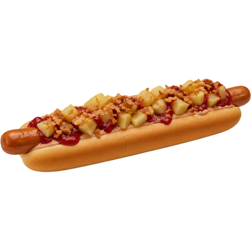 Norwegian-Style Hotdog with a Footlong Sausage, Lingonberry Sauce, Fried Onions, Shrimp Paste, Potatoes on top
