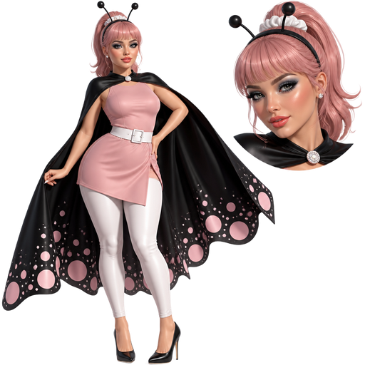 Andreina with a Fair-Light Neutral Natural Skin Tone and a Wide Lip Shape with a Doll Eyelash Style Set Up and a Coral Matte Lipstick with a Dark Blue Eyeshadow and a Steep Angled High-Arched Eyebrow with a Wide-Set Eye Shape and a Heptagon Face Shape with a Short Blush Pink Ponytail Including Short Bangs With a White Scrunchie and Grey Eyes with a Sleeveless Blush Pink Dress and a Thick White Belt with Long White Legging Pants and Black Heels Wearing a Black Black Gliding Cape with Big Pink Dots on the Tips of her Cape and Small White Dots Followed Behind it and Wearing Black Antennae with a Luminous Glazed Complexion and a 3D Naturalistic Animation with a Mature Adult Curvy Toned Build and a Luxury Glossy with a Refined Pristine Set Up and a Theatrical Appearance