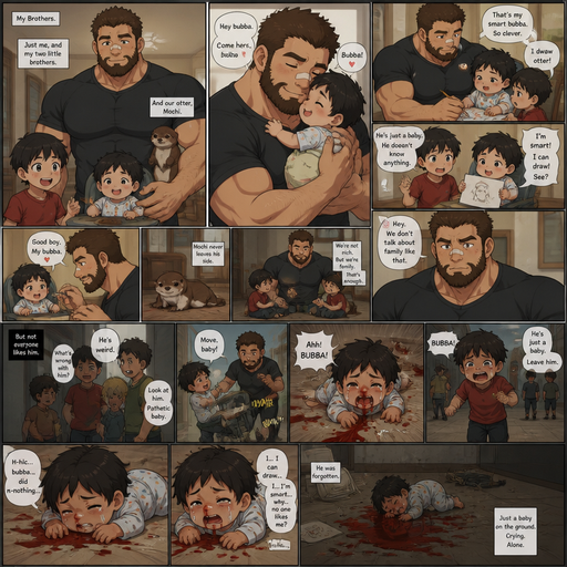 A DETAILED AND LIFELIKE LONG Anime Comic Book story view of a Bulky but Muscular ANIME Cute Bara Man With Peach toned skin Who looks Normal aind round facial Structure and Basic facial structure With Puffy and Big Pecs that are visible through the shirt and Biceps and Bandaid on his nose and Brown short hair that makes them look tough and A Bear on his Chin and Jaw. Wearing normal With his pet Grown and healthy realistic otter and 2 little brothers that are in different ages but young. At the house And the baby and the baby‘s Hadicaped with his cute clothes and he picks the little baby and The baby cuddles up with his arm and he loves calling him bubba but some people don’t like the baby and the baby tries to reason by saying he‘s smart and can draw but still on the toddler level and one day the baby flew out of his chair from some bullies and other brother and A lot red comes from his nose and stains his shirt and is all on the ground and it cried and was forgotten