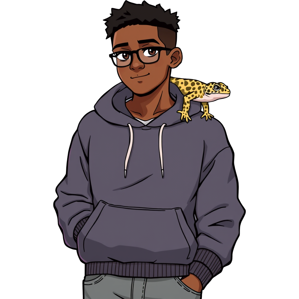 cute japanese chibi art of Leopard gecko on the shoulder of a 25 year old African American man wearing a hoodie and grey jeans on a white background