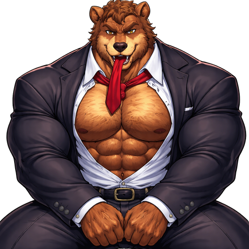 A Full BODY and FACE of a Muscular and Buff and a Gigantically Muscular with Chunky Gigantic Pecs AND biceps and a BIGGER head with the Perfect Waist. VERY Masculine and handsome Anime Bara Furry Grizzly Bear with a Very Good-looking and Mature Face and brown eyes with a wrestler type body. Wearing a Button up Shirt and Suit. With his tie in his mouth. With his hands between his legs.