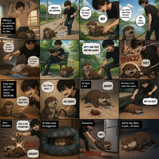 Waking up in the morning on a Sunny day and no cin pajamas and his pet otter but Excessively bully’s it. in the neighborhood and the Otter wants to stop and sniff a flower but he yanks the leash and the Otter coughs up Saliva and the otter asks if he can sniff a drink water from the lake but he’s says no and gets dehydrated and he pours what we on the floor and the otter licks it but it’s to hot. But They go to a park and he sits down and reads a book and can see the otter trying to secretly sniff flowers so he Excessively bullies him. Then later Every food the otter doesn’t eat there are is discipline. and asks for some and the looses a tail and tries to run under the couch but stops him. And the otter Receives Discipline that. And hides under his Doggy bed and gets discovered and thrown at the fridge and then the otter lays there