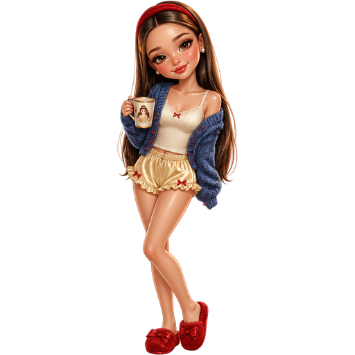 semi-realistic soft cartoon luxury glam, mini plush Bratz-doll aesthetic, cinematic glow, crisp clean detail, glossy glam skin. brown eyed Petite 5ft girl, fair skin with soft freckles, wide face with tall forehead, honey-brown almond wide-set upturned eyes, fluttery lashes, shimmer highlight, plush lips, bottom heavy lip, sweet Belle-princess vibe, long straight brunette hair with visible caramel highlights, wearing a soft royal-blue knit cardigan with tiny red buttons over a creamy fitted lounge cami, buttery yellow satin sleep shorts with delicate red bow trim, red fuzzy slippers, pearl studs, hair sleek glossy with a red velvet headband, makeup with soft champagne lids, rosy blush, and a glossy cherry-pink lip, posing with cozy energy and a sweet bright smile