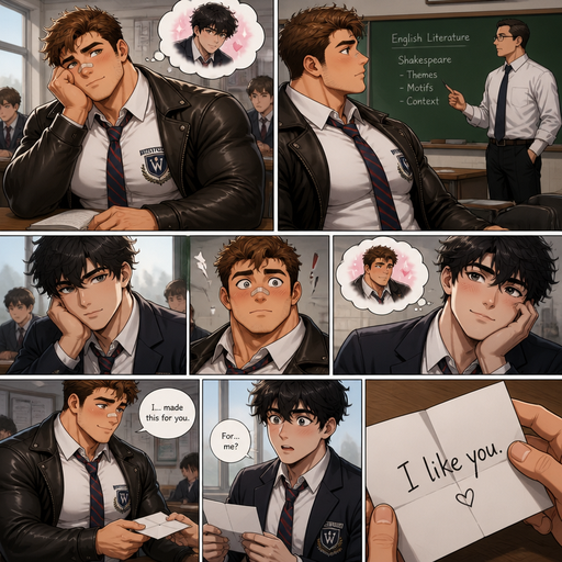 of a Bulky ANIME character but Muscular and more ANIME Cute Bara Man Who looks Normal and American with a round facial Structure and Basic facial structure With Puffy and Big Pecs that are visible through the shirt and Biceps and Bandaid on his nose and the perfect Physique. Wearing a School uniform with the logo and pants with a leather jacket over. At school in the classroom and he looks at his crush and dreams about him and then focuses on the teacher and then his crush looks at him and then dreams about him. And then he gives a letter to the crush saying I like you.