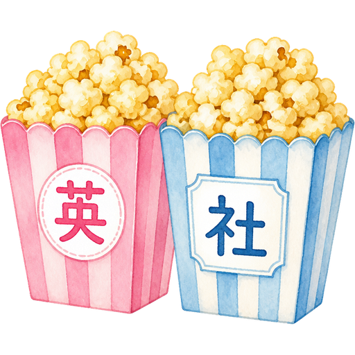 Please give me a box of popcorn just like what movie theater gives us.i need two box of popcorn,one’s box is pink and write 「英」on it.the other is light blue and write 「社」