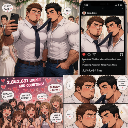 A REALISTIC AND LIFELIKE Comic Book long Story of a Bulky but Muscular ANIME Cute Bara Man With Peach toned skin Who looks Normal and a huge and Masculine round facial Structure and Basic facial structure With Puffy and Big Pecs that are visible through the shirt and Biceps and Bandaid on his nose and Brown Spiky hair and His Hair Curls At the tip of strands. Wearing a tucked in white button up shirt and his abs are lean so you CAN‘T see them through the shirt AND Jeans with a Tie and has a Hairy body. And has huge Hands and Massive arms and looks HOT with his friend (that looks like him but Black instead of brown hair and Has A Chain on and is also Peachy skin). at a someone‘s wedding, he makes kissy faces and his Friend has his tie in his Mouth with a raised eyebrow and Looks irresistible and Flirty and and take a picture and posting it and Get millions hearts with girls