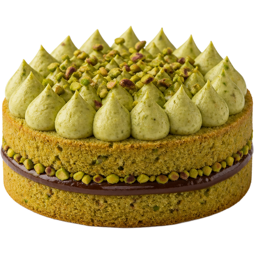 Whole Pistachio Cake with Two Rows of Pistachio Frosting Dollops on Top and Ganache in the Middle with Chopped Pistachios