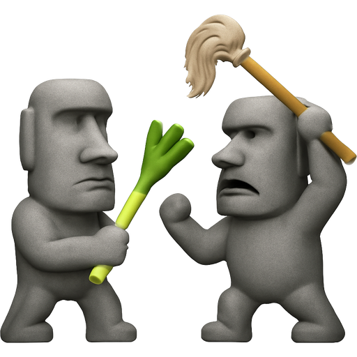 official Apple Moai stone statue emoji, holding a leek, fighting another Moai stone statue, holding a mop above head