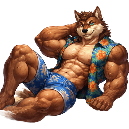 A Full Body Image of a Hunky and Chunky a Brown Wolf who is a Bodybuilder who is a very Masculine and Handsome with Ginormous Arms and a Rounded and Wide Chest Short Strait Hair. Wearing a Sleeveless Tight buttoned up Hawaiian Shirt and Swimming Trunks. Laying on the Beach next to you