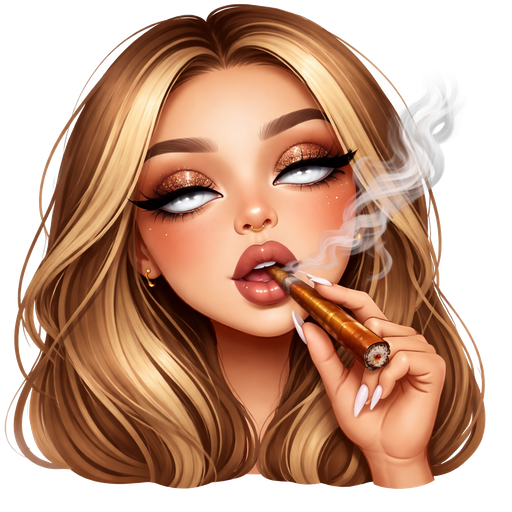 Pale girl with blondish brown hair and green eyes with long smoking a blunt, holding it in her hand. wearing baddie makeup and eyes rolled