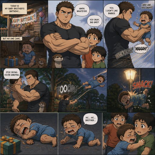 A DETAILED AND LIFELIKE ANIME Comic Book story view of a Bulky but Muscular ANIME Cute Bara Man With Peach toned skin Who looks Normal aind round facial Structure and Basic facial structure With Puffy and Big Pecs that are visible through the shirt and Biceps and Bandaid on his nose and Brown short hair that makes them look tough. Wearing normal With his pet Grown and healthy realistic otter and 2 little brothers that are in different ages but young. At the baby brother‘s birthday party And the baby on his birthday was left home alone with no one at his party And he doesn‘t like baby and picks the baby up and fly’s to the Bench and he doesn‘t like the baby. And the baby flies into the streetlight and drops his present and lays on his Side crying and limps to his other baby cause he was thrown and limps.
