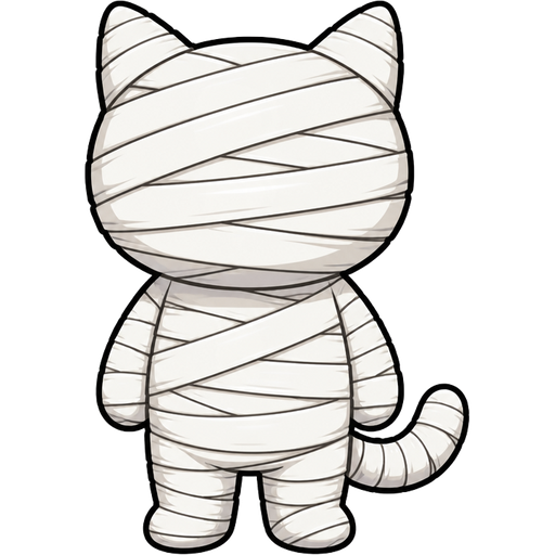 The corresponding figure is shown completely wrapped in white linen bandages, leaving only the cat shape of its head and body visible.