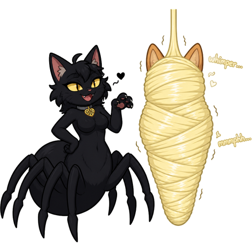 black cat drider hybrid next to #FFF4A6 completely covered spider cocoon mummified completely covered anthro corgi girl whimpering with #FFF4A6 spider slik wrappings completely covered hanging