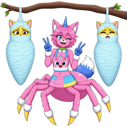 wrapped up and mummified fully covered in a #B8FFFF spider slik cocoon shaped like female anthro yellow cat anthro worried with arms behind back with #B8FFFF spider slik wrappings completely covered with thick layers non-transparent #B8FFFF spider slik wrappings hanged to the branch on the left side next to wrapped up and mummified fully covered in a #B8FFFF spider slik cocoon shaped like female anthro yellow cat anthro whimpering arms behind back with #B8FFFF spider slik wrappings completely covered with thick layers non-transparent #B8FFFF spider slik wrappings hanged to the branch on the the right side next to happy anthro femboy furry pink cat drider with blue and white tail white wrists blue hands white ankles yellow tips on spider legs green collar blue unicorn horn wearing femboy clothing based on unikitty