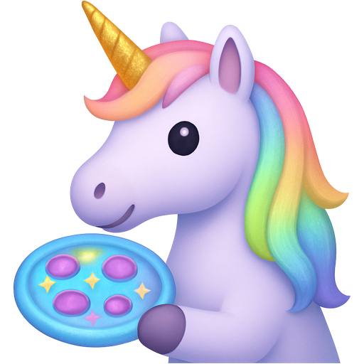 A very light lavender unicorn with a pastel rainbow mane with a golden shimmery horn that is holding a magical pizza which is iridescent blue
