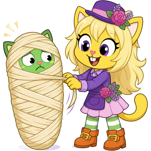 green boy cat furry getting quickly wrapped up mummified and webbed by furry yellow cat anthro with purple eyes light blonde hair purple and pink florist hat and purple florist outfit green and white socks orange boots with buckles light pink skirt with its own light blonde hair 2 light blonde hair mummy cocoon shaped like green boy cat furry completely covered with light blonde hair mummy cocoon then furry yellow cat anthro with purple eyes light blonde hair purple and pink florist hat and purple florist outfit green and white socks orange boots with buckles light pink skirt next to the light blonde hair mummy cocoon happy tree friends cartoon comic version