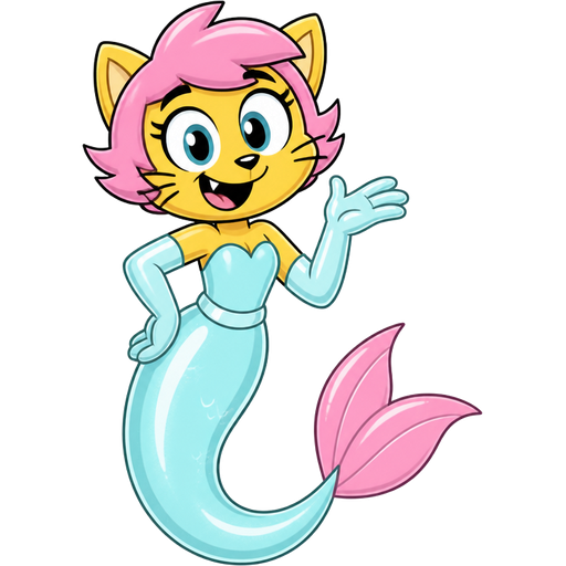 yellow boy cat furry with pink hair and light cyan very long rubber gloves light cyan dress tucked in light cyan mermaid tail with white highlights with pink tail fins (t.u.f.f puppy)
