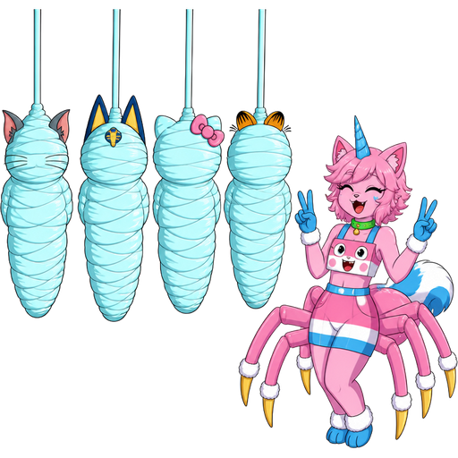 wrapped up and mummified fully covered in a #B8FFFF spider slik cocoon shaped tom (tom and jerry) arms behind back with #B8FFFF spider slik wrappings completely covered with thick layers non-transparent #B8FFFF spider slik wrappings wrapped up and mummified fully covered in a #B8FFFF spider slik cocoon shaped like ankha ( animal crossing) arms behind back with #B8FFFF spider slik wrappings completely covered with thick layers non-transparent #B8FFFF spider slik wrappings hanged to the ceiling on the left side next to wrapped up and mummified fully covered in a #B8FFFF spider slik cocoon shaped like hello kitty arms behind back with #B8FFFF spider slik wrappings completely covered with thick layers non-transparent #B8FFFF spider slik wrappings hanged to the ceiling the left side next to wrapped up and mummified fully covered in a #B8FFFF spider slik cocoon shaped like garfield arms behind back with #B8FFFF spider slik wrappings completely covered with thick layers non-transparent #B8FFFF spider slik wrappings happy anthro femboy pink cat drider with blue and white tail white wrists blue hands white ankles yellow tips on spider legs green collar blue unicorn horn wearing femboy clothing based on unikitty