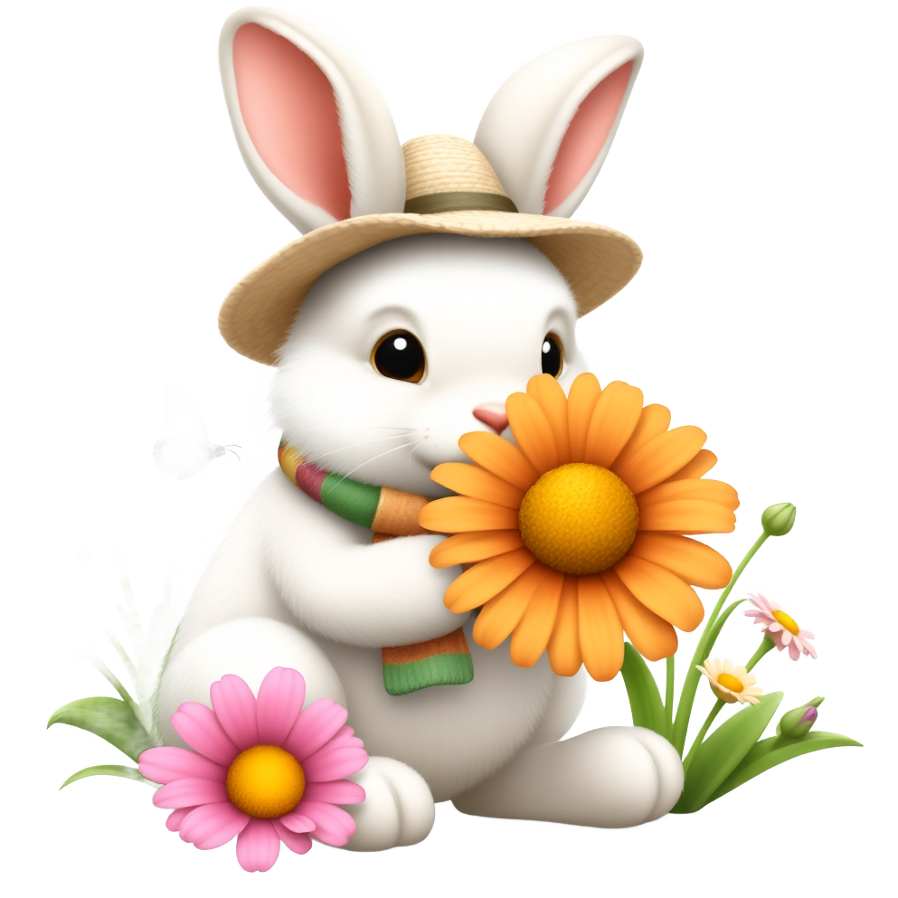 Fluffy bunny in a vibrant garden, wearing a tiny straw hat and a colorful scarf, munching on a bright, oversized daisy. Surrounding it are magical, twinkling butterflies fluttering about, while a gentle breeze rustles the petals and creates a whimsical, sunny atmosphere filled with joy.