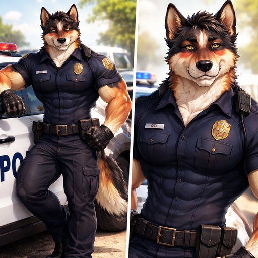 A Full Body and Facial Image of a Hunky and Chunky a Very Hot and Handsome German Shepard mixed with a Australian Shepard bara furry who is a police officer and Extremely muscular but not to muscular and Extremely Masculine and Handsome and Ginormous Arms and a Rounded Pecs very Short Strait Hair but tall and a little bit lean. Wearing a Police uniform, posing next to a Car blushing