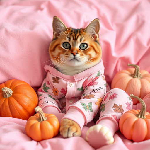A cat and pajamas with pink pumpkins around it and everything pink that has to do a fall and then autumn pink bed