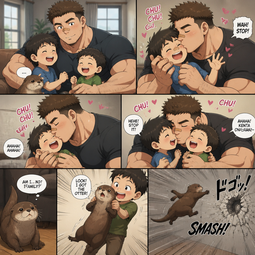 A DETAILED AND LIFELIKE ANIME Comic Book story view of a Bulky but Muscular ANIME Cute Bara Man With Peach toned skin Who looks Normal aind round facial Structure and Basic facial structure With Puffy and Big Pecs that are visible through the shirt and Biceps and Bandaid on his nose and Brown short hair that makes them look tough. Wearing normal With his pet Grown and healthy realistic otter and 2 little brothers that are in different ages but young. And he annoys the little brother’s and he kisses them all over their faces, and they laugh with joy. But the otter is left out and no one cares for him and and a brother picks him up and it flys to the wall