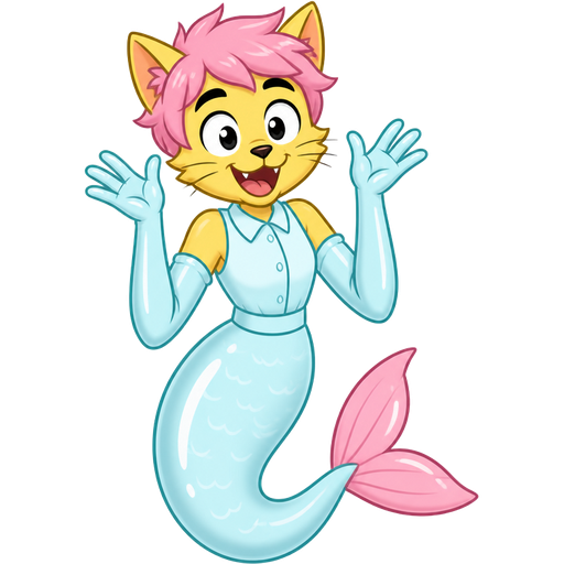 yellow boy cat furry with pink hair and light cyan very long rubber gloves light cyan dress tucked in light cyan mermaid tail with white highlights with pink tail fins (HouseBroken)