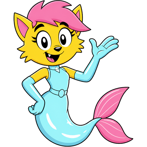 yellow boy cat furry with pink hair and light cyan very long rubber gloves light cyan dress tucked in light cyan mermaid tail with white highlights with pink tail fins (t.u.f.f puppy)