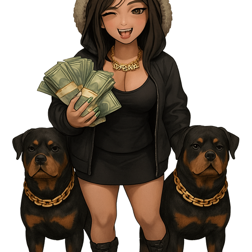 Full body image head to toe, wearing heavy mid calf high combat boots. Super white teeth with one golden canine tooth. 30 year-old baddie was full but not too full lips, long eyelashes extra long pointy fingernails, holding multiple large bundles of CASH, super long, dark, brown hair, with blonde side swept bangs, wearing a hoodie with hood pulled up and fur around the edge of the hood, has a gold canine tooth, closing one eye and licking the gold tooth while scrunching up one side of her mouth to show her licking the gold tooth. Jacket is unzipped tank top with a tiny money sign tattoo on the upper left breast. Wearing short black skirt with combat boots and has two Rottweilers with huge gold chains around their neck on either side of her. She is wearing a gold and diamond chain that says DADDIE. She is kind of making a half smile