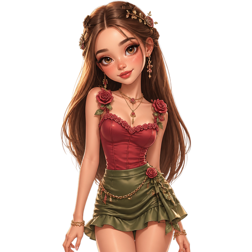 semi-realistic soft cartoon luxury glam, mini plush Bratz-doll aesthetic, cinematic glow, crisp clean detail, glossy glam skin. brown eyed Petite 5ft girl, fair skin with soft freckles, wide face with tall forehead, honey-brown almond wide-set upturned eyes, fluttery lashes, shimmer highlight, plush lips, bottom heavy lip, sweet Belle-princess vibe, long straight brunette hair with visible caramel highlights, wearing a rose-red fitted camisole with delicate floral trim, a leaf-green satin mini skirt with soft draping and petal-inspired ruching, gold jewelry, rose petal shoulder details, leafy accents, tiny floral headpiece details inspired by Roselia, hair in glossy waves with tiny pinned-back braids, makeup with rosy lids, soft brown liner, petal blush, and a glossy rose lip, posing with romantic garden-girl energy and a sweet smile