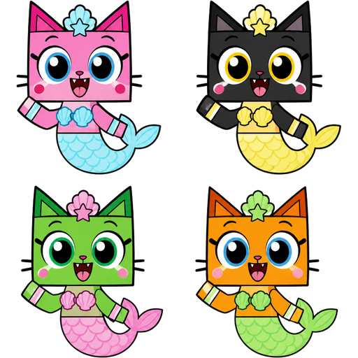pink cat with light cyan mermaid costume
black cat with light yellow mermaid costume
green cat with light pink mermaid costume
orange cat with light green mermaid costume
unikitty style