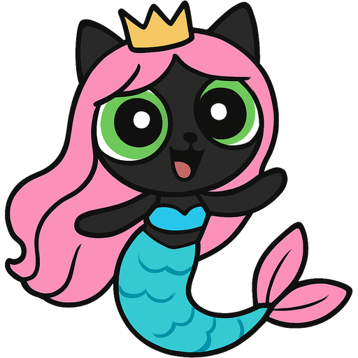 black cat pink long hair crown green eyes very long cyan and white mermaid tail with pink fins swimsuit cyan powerpuff girls style cartoon style emoji, fun expressive character