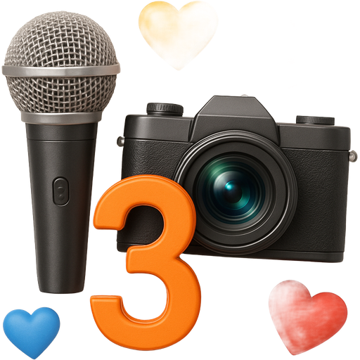 The loop microphone and the camera are next to each other. The number “3” is orange in front of them. There are different hearts around like ios