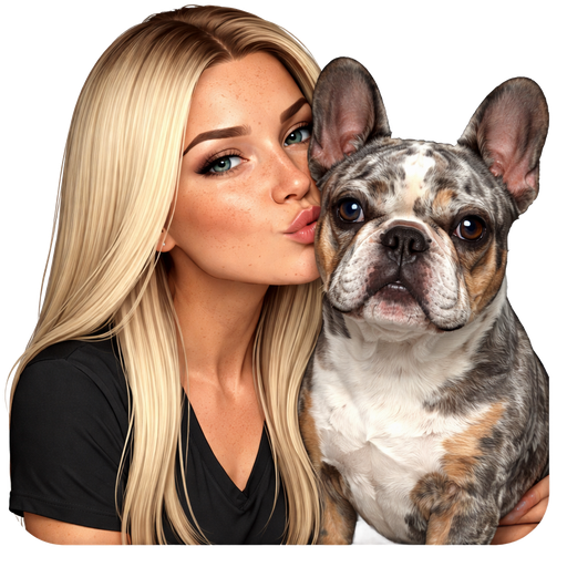 Ice Blonde dark roots no makeup 38 year old girl blue-grey eye color squinty dark freckles straight long hair kissing mostly gray merle blue eye brown eye French bulldog serious black v neck tshirt